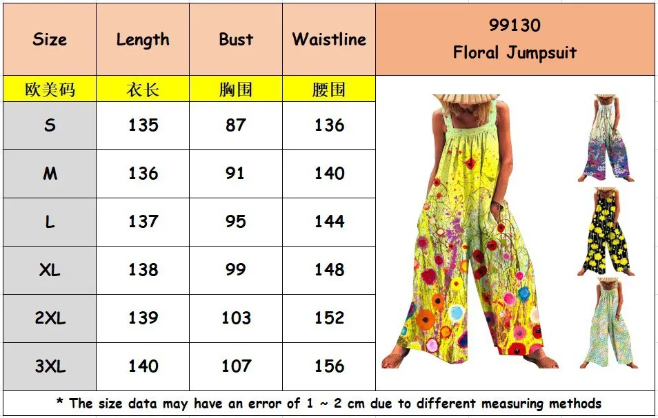 

2021 Women's Floral Print Rompers Playsuit Summer New Fashion Printed Loose Strap Wide Leg Jumpsuit Large Size