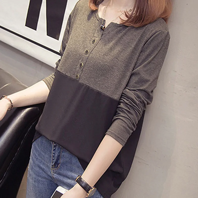 Большие размеры Однотонная футболка с длинным рукавом и круглым вырезом женские