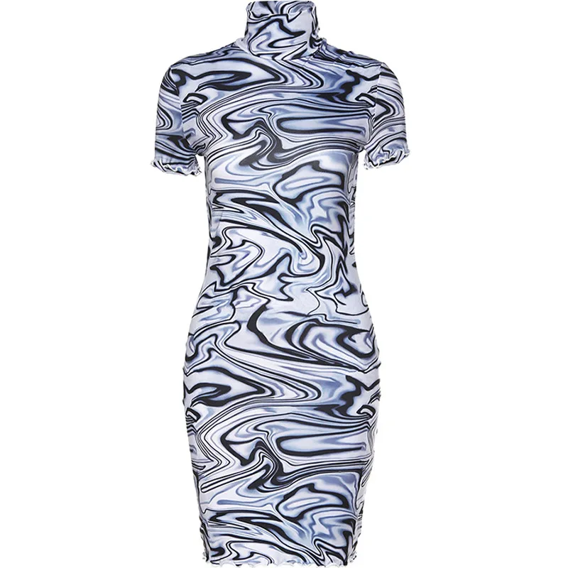 

Elastic Waist Turtleneck Short Sleeve Korea Women Night Club Party Dresses Skinny Slim Fit Elegant Ladies Bodycon Mini Print
