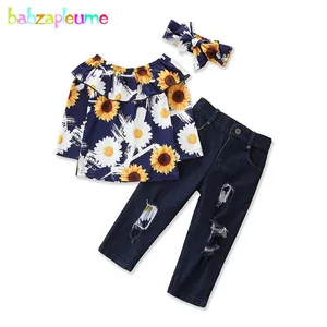 Spring Fall Toddler Girl Clothes Fashion Flowers Print Long Sleeve Kids T-shirt+Hole Baby Jeans Children Boutique Outfits BC2067