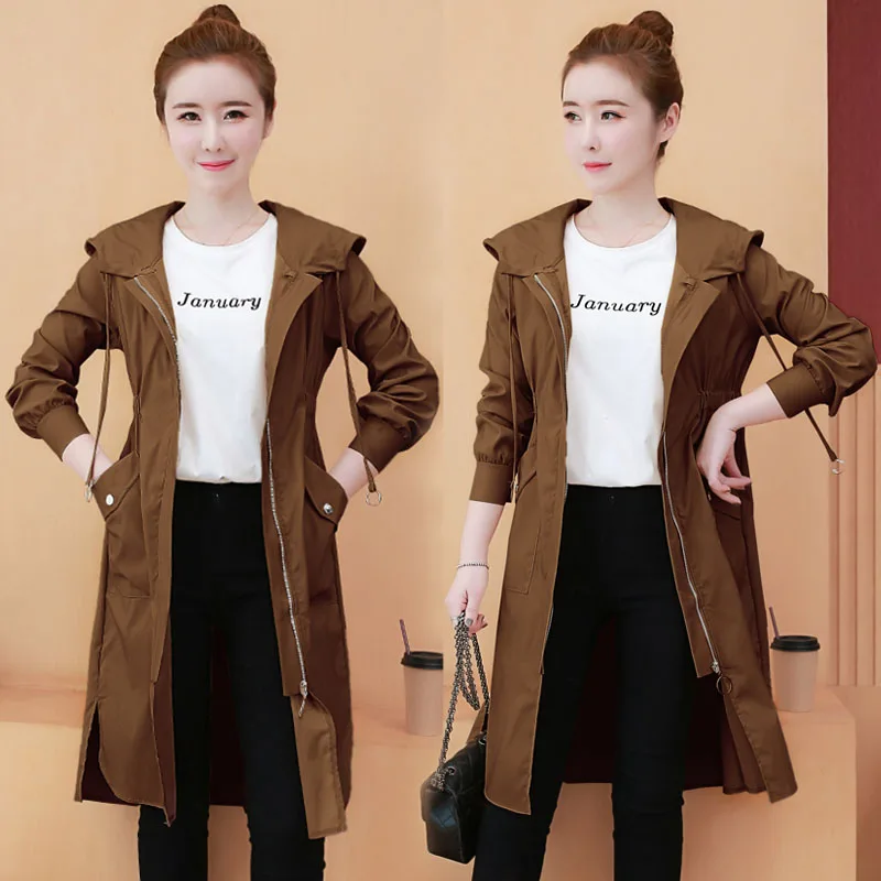 

Новинка, тонкий Тренч с капюшоном, Женский Тренч, свободная Длинная ветровка в стиле ретро, корейские топы, женское длинное пальто