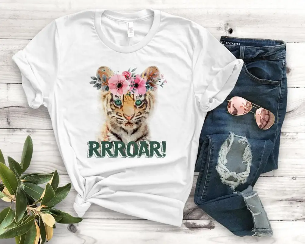 

Baby Tiger floral flower Print Women tshirt Cotton Casual Funny t shirt Gift For Lady Yong Girl Top Tee PM-92