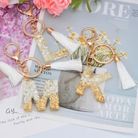 white tassel gold foil letter pendent keychain for women arylic key chain keyrings girls key holder bag pendent ornamant gifts