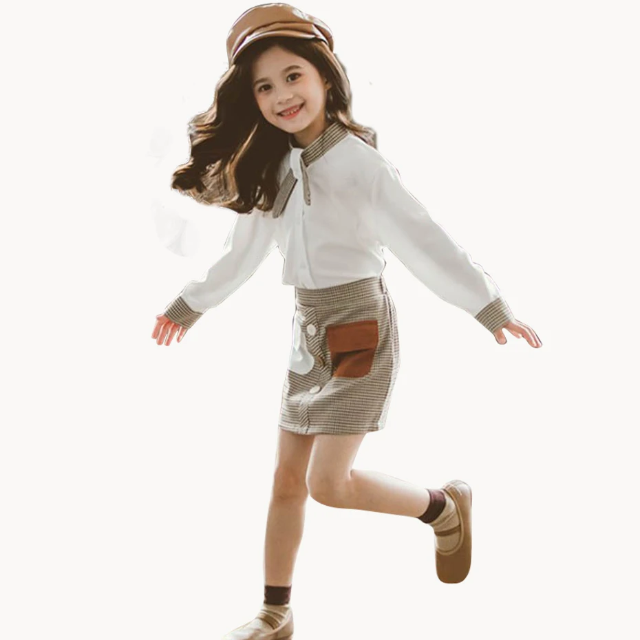 Одежда для девочек Лоскутные блузки и юбки костюмы клетчатая юбка строгие