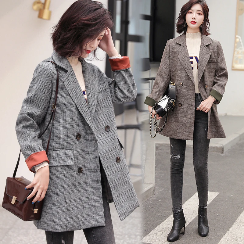 Trytree 2019 осеннее Женское пальто повседневное с отложным воротником двубортное в