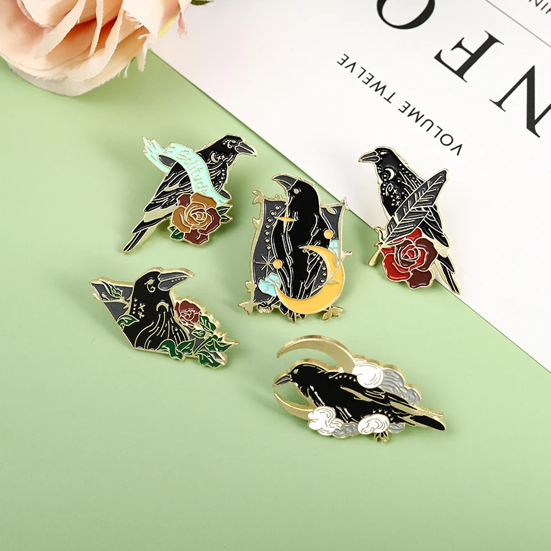

Crow Raven Enamel Pin Custom Bird Feather Moon Flowers Brooch Badge for Bag Lapel Punk Gothic Jewelry Gift for Friends