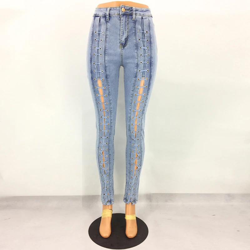 

Spring and summer light blue bandage corns lace up jeans elastic hole large size solid color personalized fashion trend jeans