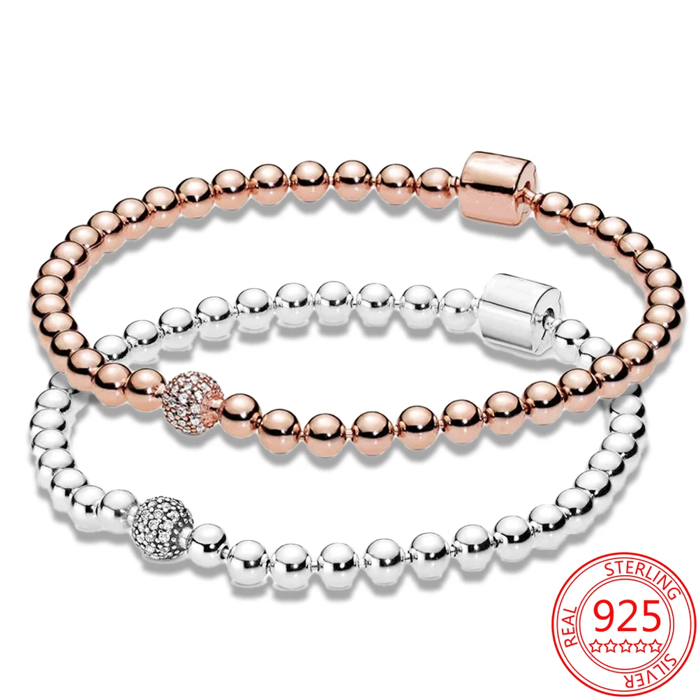 

Романтический браслет из серебра 925 пробы с бусинами и ПАВЕ, модный брендовый браслет с застежкой-ведром, подарок на день Святого Валентина