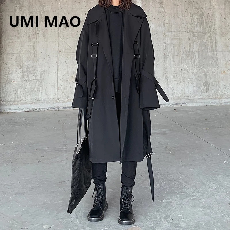 

UMI MAO Yamamoto Dark Black Yoji Tie Band Loose Men Women Mid-length Ribbon Windbreaker Jacket Trench Coat Manteau Femme Y2K