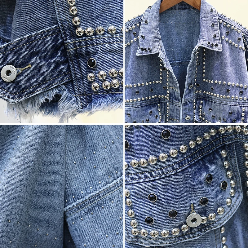 

Women Denim Jacket 2020 New Autumn Hand Rivet Beading Jeans Jacket Loose Coats Outwear Female Students Casual Outerwear Tops P69