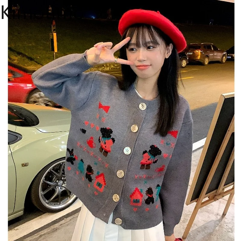 

Kimotimo Printed Knit Cardigan Women Korean Chic Age Reduction O-neck Sweater Coat Autumn Winter Long Sleeve Cute Cardigans Ins