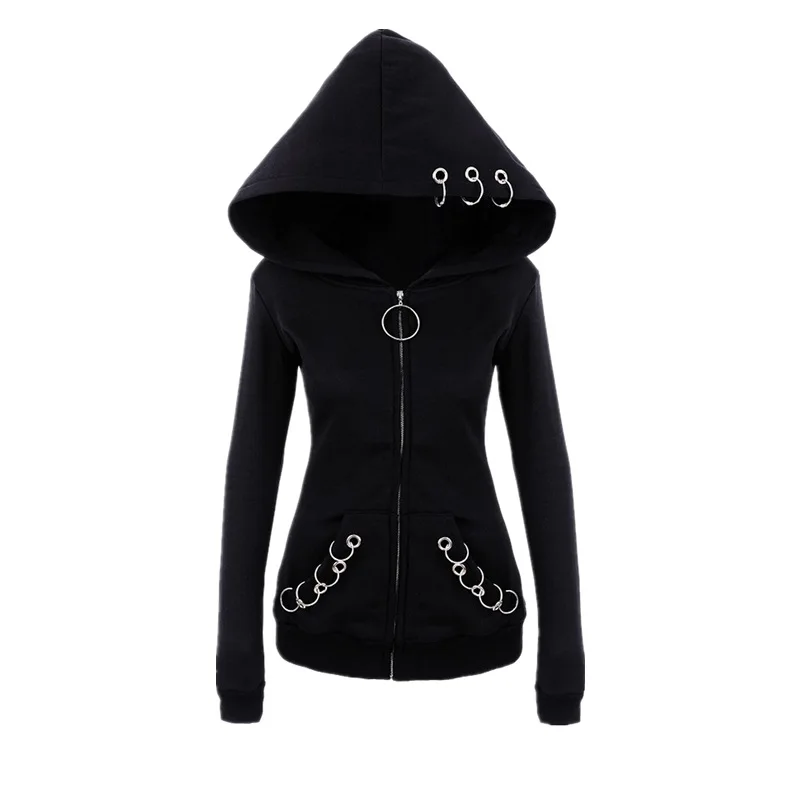 

OEING Womens Punk Long Sleeve Loose Fit Hooded Metal Ring Hoodie Jacket Stage Street Cardigan Dark Black S-5XL New