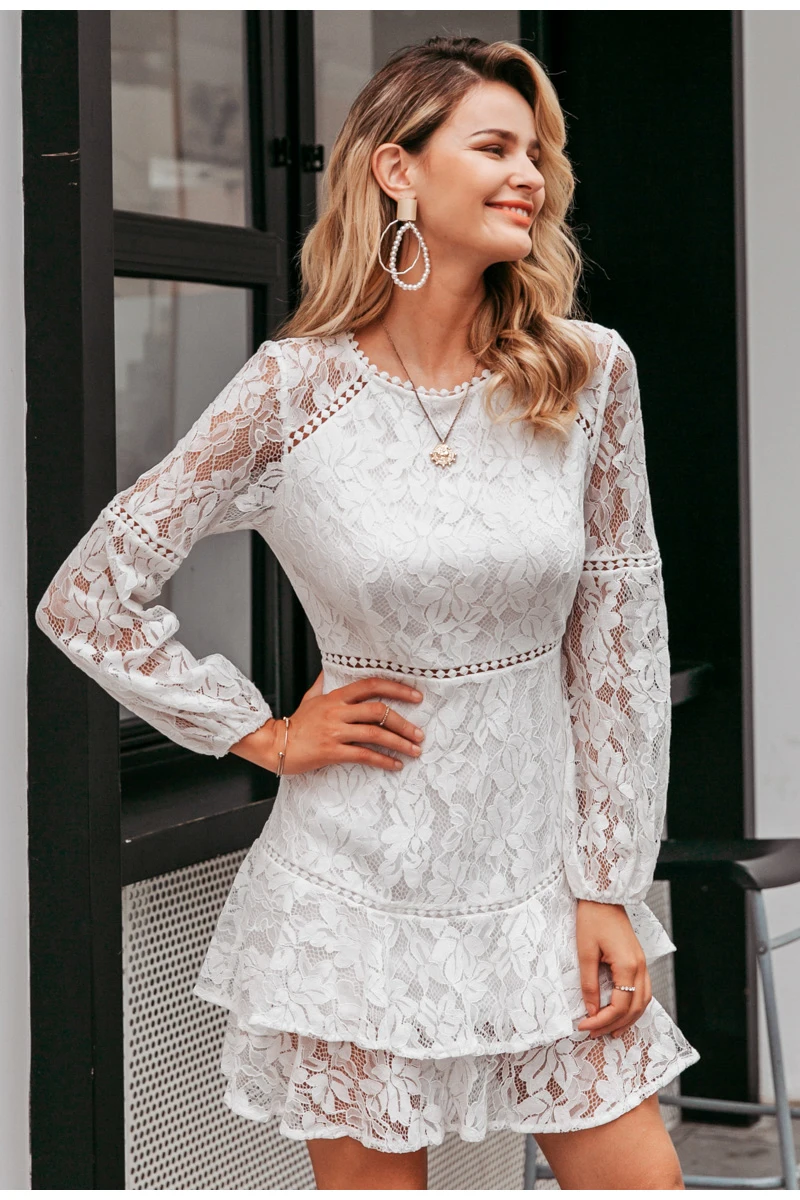 Simplee Elegant lace transparent dress Puff sleeve floral long sleeve white dress High waist ruffle office lady autumn vestidos