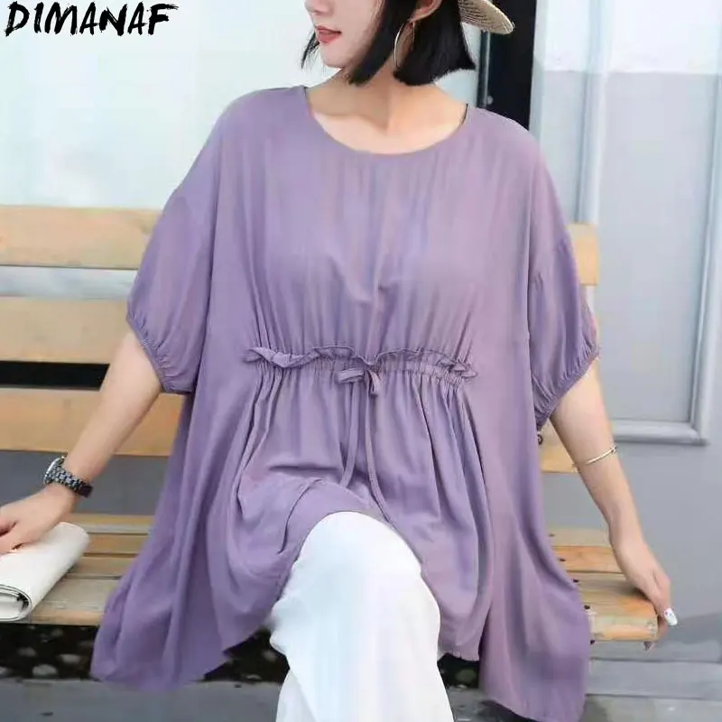 

DIMANAF 2021 Plus Size Women T-Shirt Solid Blouse Bat O-Neck Lady Tee Shirt Loose Vintage Fashion Summer Oversize New Tops 5XL