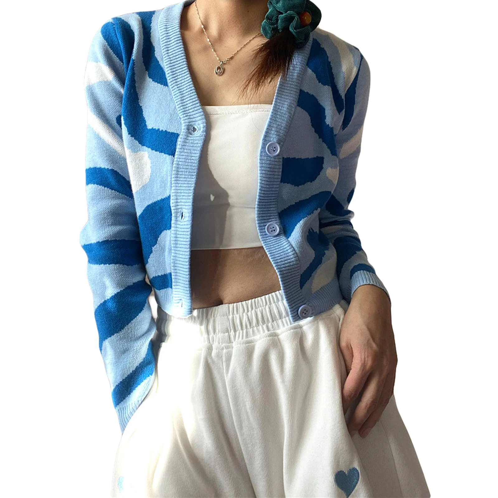 

Женский трикотажный кардиган на пуговицах, однотонный свободный свитер с длинным рукавом и V-образным вырезом, укороченная куртка карамель...