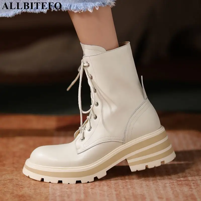 

ALLBITEFO square toe thick heel Waterproof shoes genuine leather women motocycle boots fashion high heel shoes boots ankle boots