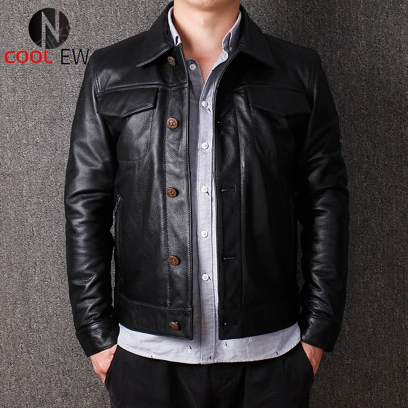 

Free shipping.Mens casual leather coat.father's gift leather Jacket,men genuine Leather jacket.winter warm black outwear