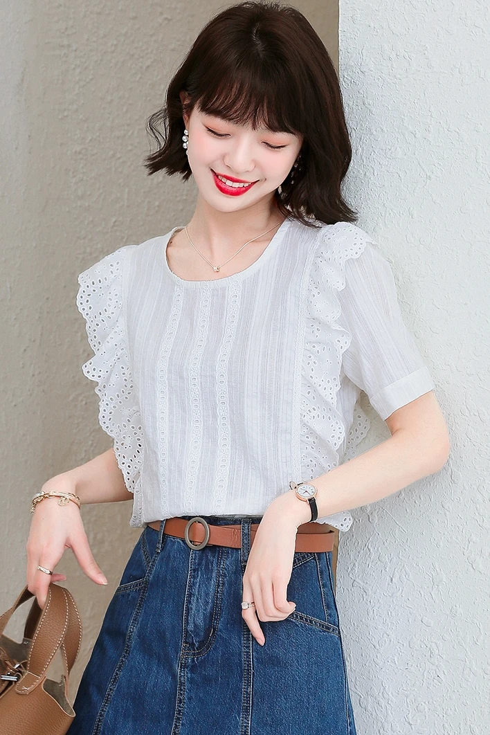 

COIGARSAM Short Sleeve blouse women New Summer Lace blusas womens tops and blouses White 5135