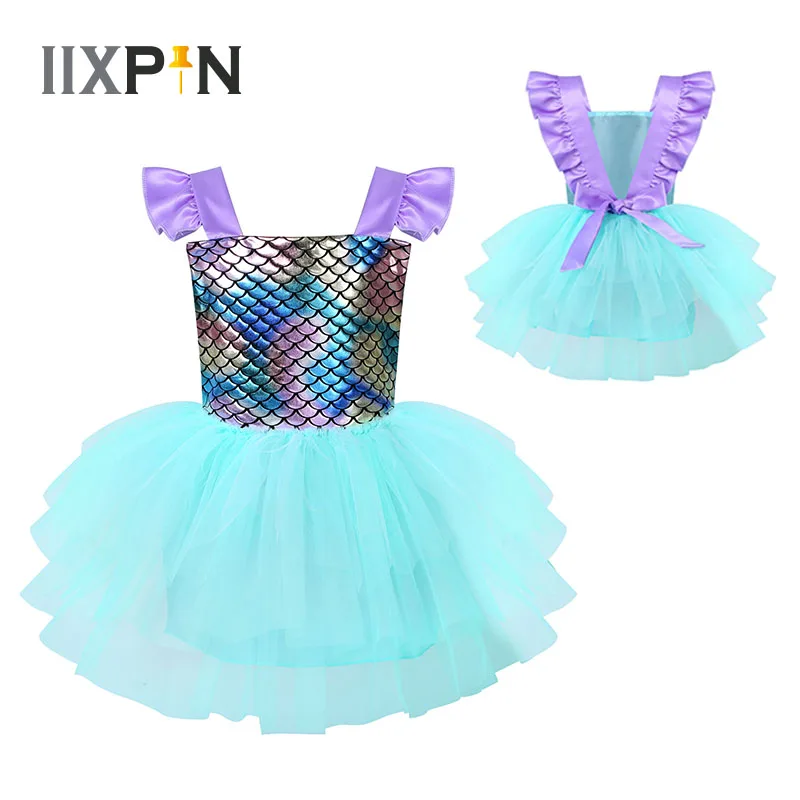 Купи New Baby Girls Mermaid Cosplay Dress Sleeveless Glossy Fish Scales Backless Mesh Splice Tutu Dresses Kid Skirts за 596 рублей в магазине AliExpress