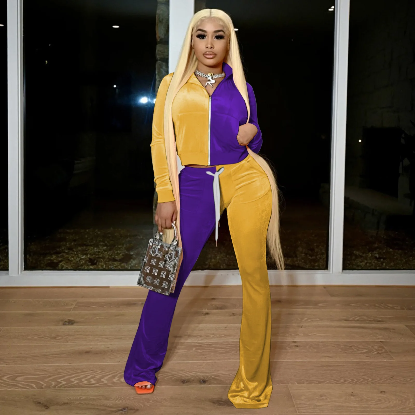 

PLSW Two 2 Piece Sets Streetwear Tracksuit Women Outfits Long Sleeve Zipper Crop Top Flared Pants Suits Patchwork Matching Sets