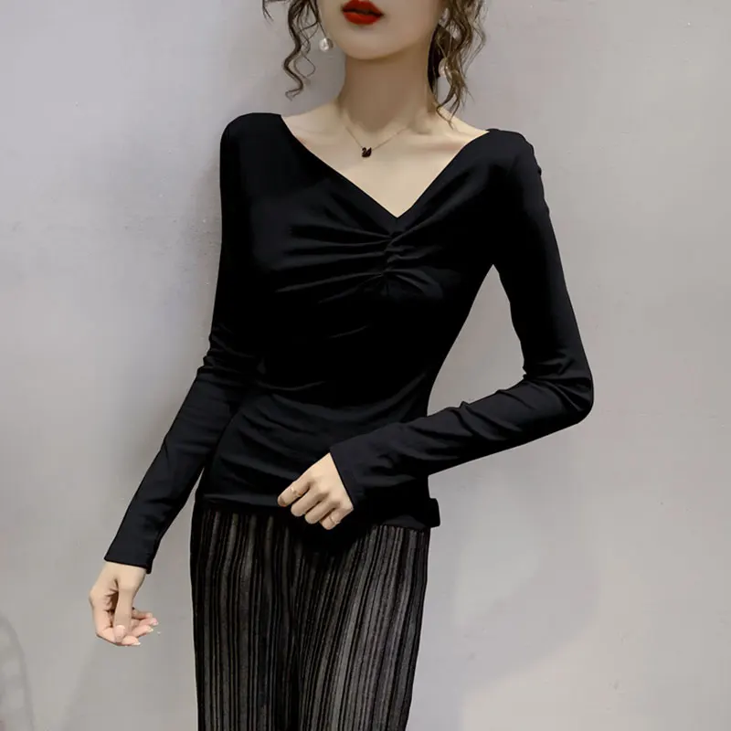 

T Shirt Women Soild Long Sleeve tops V Neck T-shirt Soft Cotton High Quality Vogue Slim Korean Style Shirts Top Femme Tee Tshirt