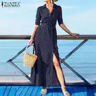 Платье ZANZEA женское с богемным принтом, пляжный Макси Сарафан с завышенной талией, Повседневная рубашка в горошек, с лацканами, 7, 2021