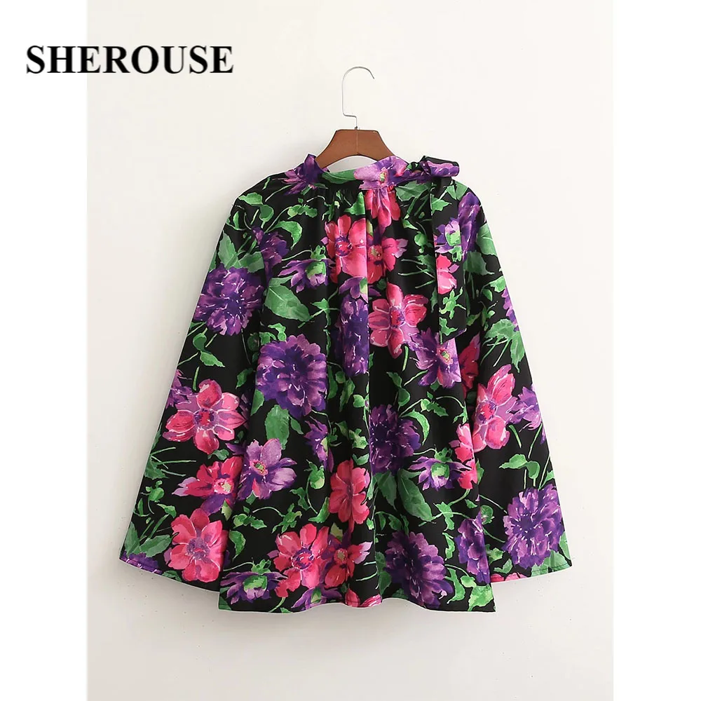 

Sherouse Women Fashion Floral Printed Blouse with Bow Neck Long Wide Sleeves Casual Vintage Romantic Woman Blouse Top