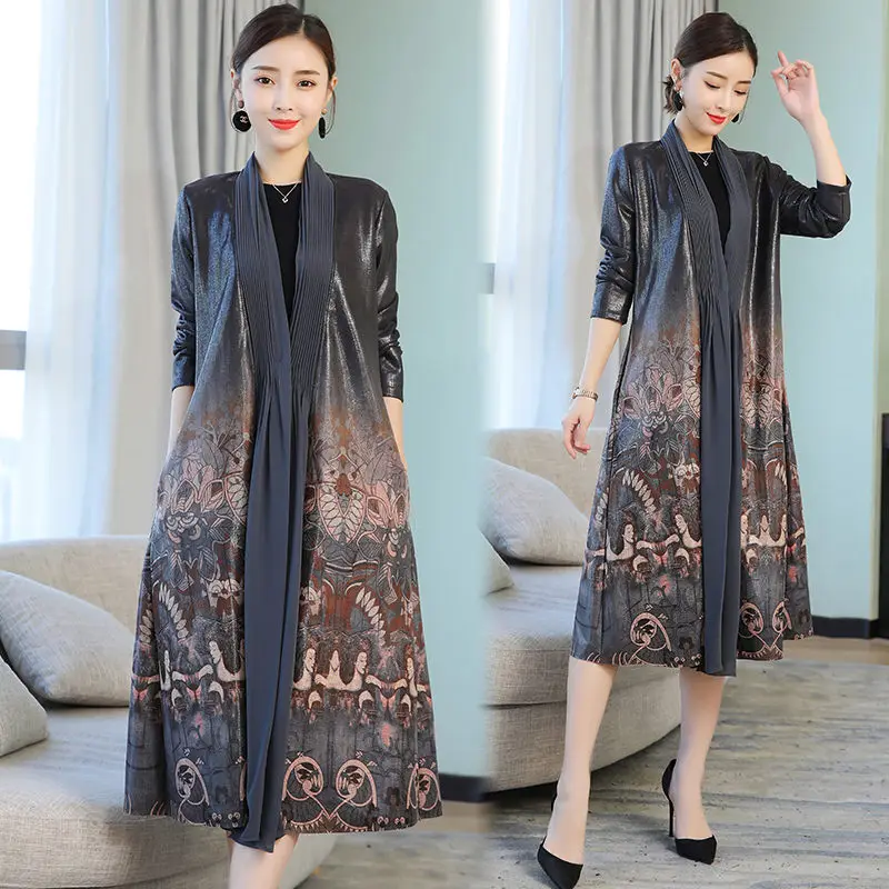 Винтажное замшевое пальто для женщин размера плюс кардиган с принтом Осенний