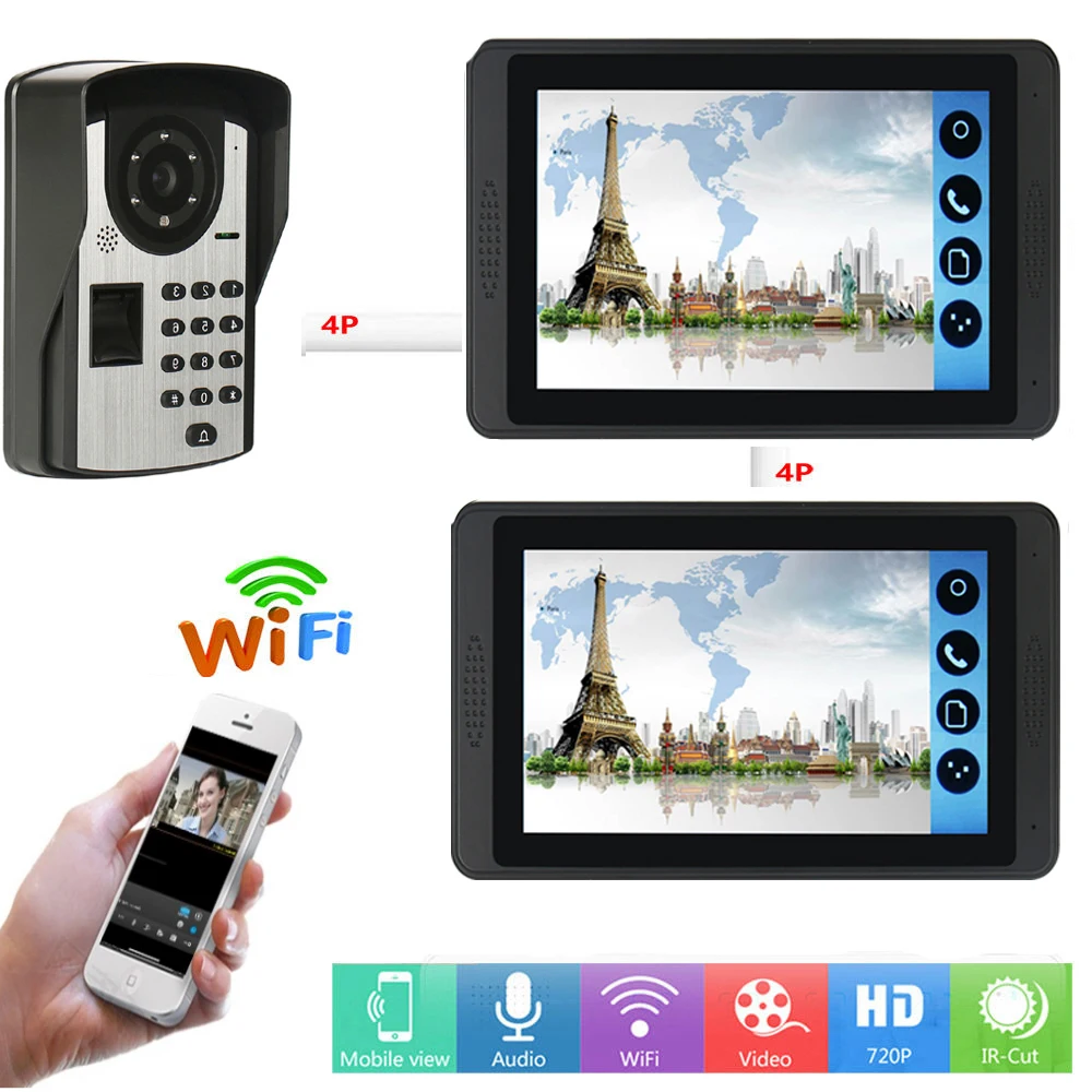 

Password Fingerprint IR Camera 7 Inch Wifi Wireless Video Door Phone Doorbell Visual Video Intercom System APP Remote Unlock