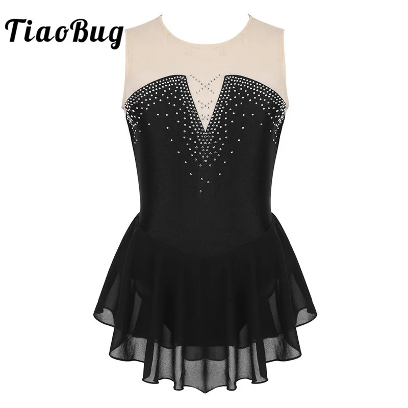 TiaoBug/Детское платье для фигурного катания для подростков; блестящая танцевальная одежда со стразами; сетчатые балетные гимнастические леотарды; лирические танцевальные костюмы