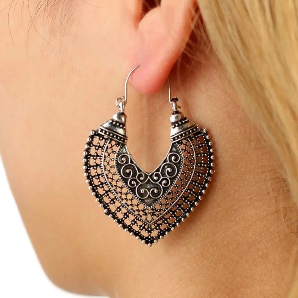 

Party Vintage Women Carving Hollow Heart Pendant Statement Leverback Earrings