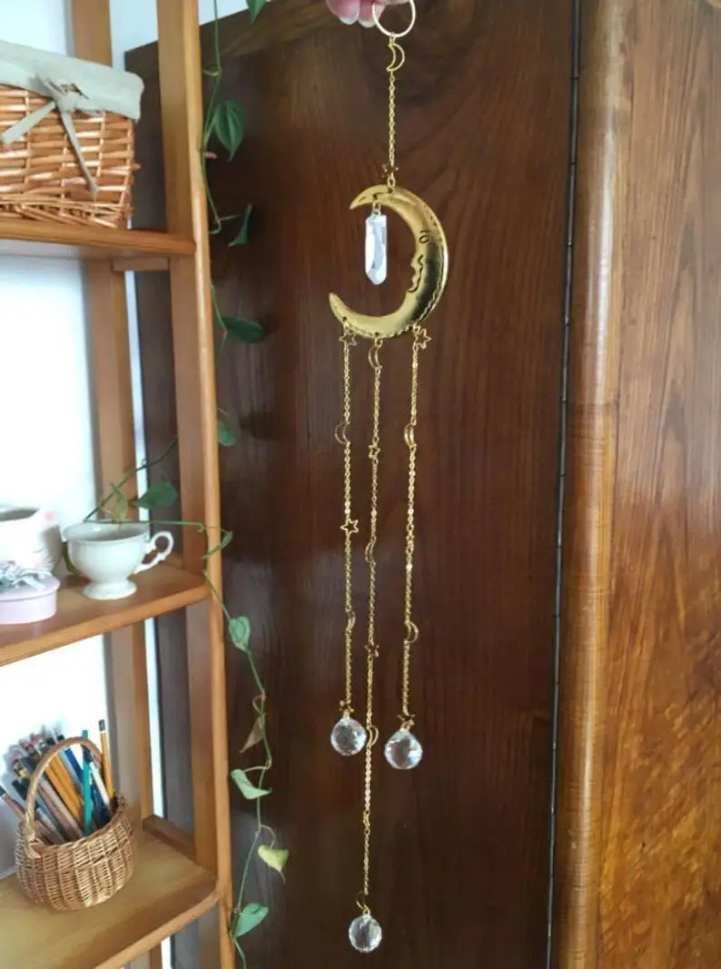 

Gold Moon Suncatcher for Window Big Aura Crystal Light Catcher Hanging Prism Rainbow Maker Boho Witchy Room Decor Sun and Moon