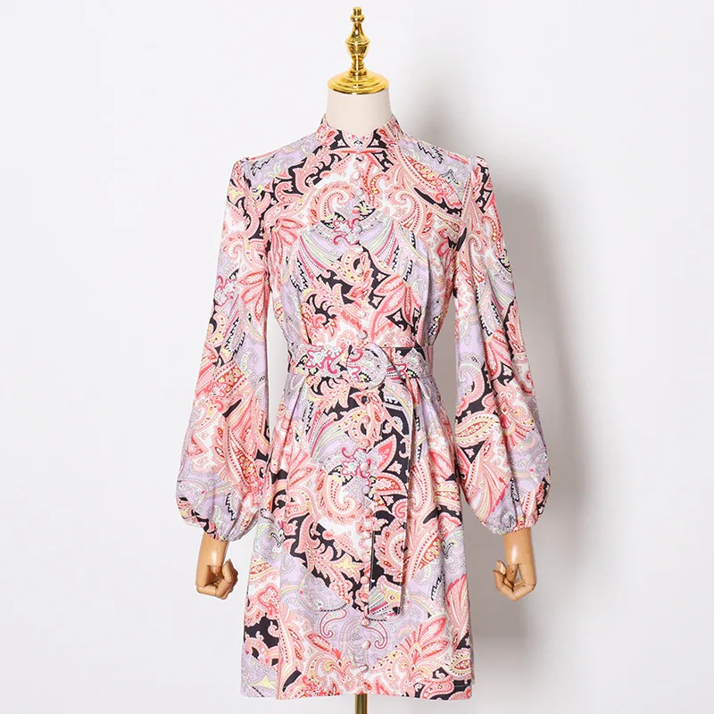 

MSXU 2020 autumn and winter new women's stand-up collar puff sleeve printing single-breasted primacy thin short dress with belt