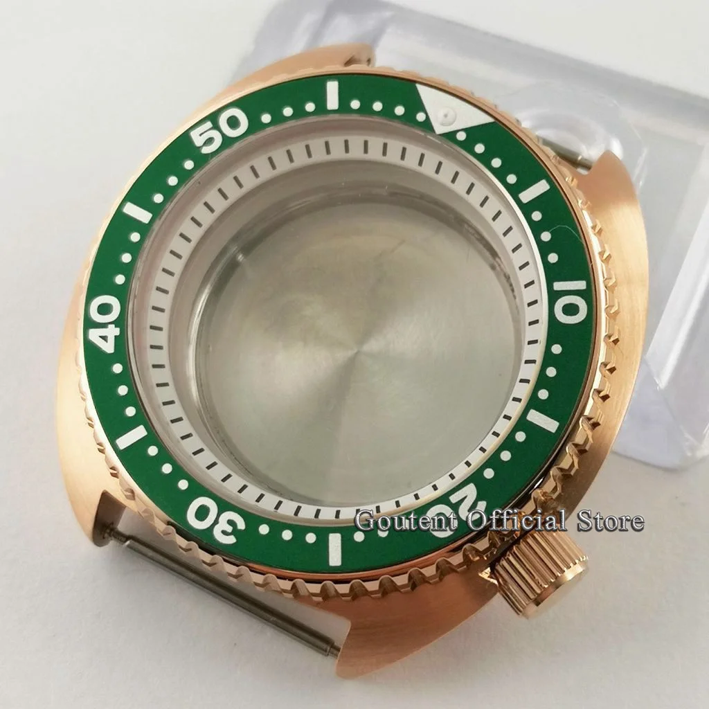 

New 45mm Rose Gold Watch Case White Chapter Ring Sapphire Glass Green Alloy Bezel Insert Fit NH35 NH36 Movement