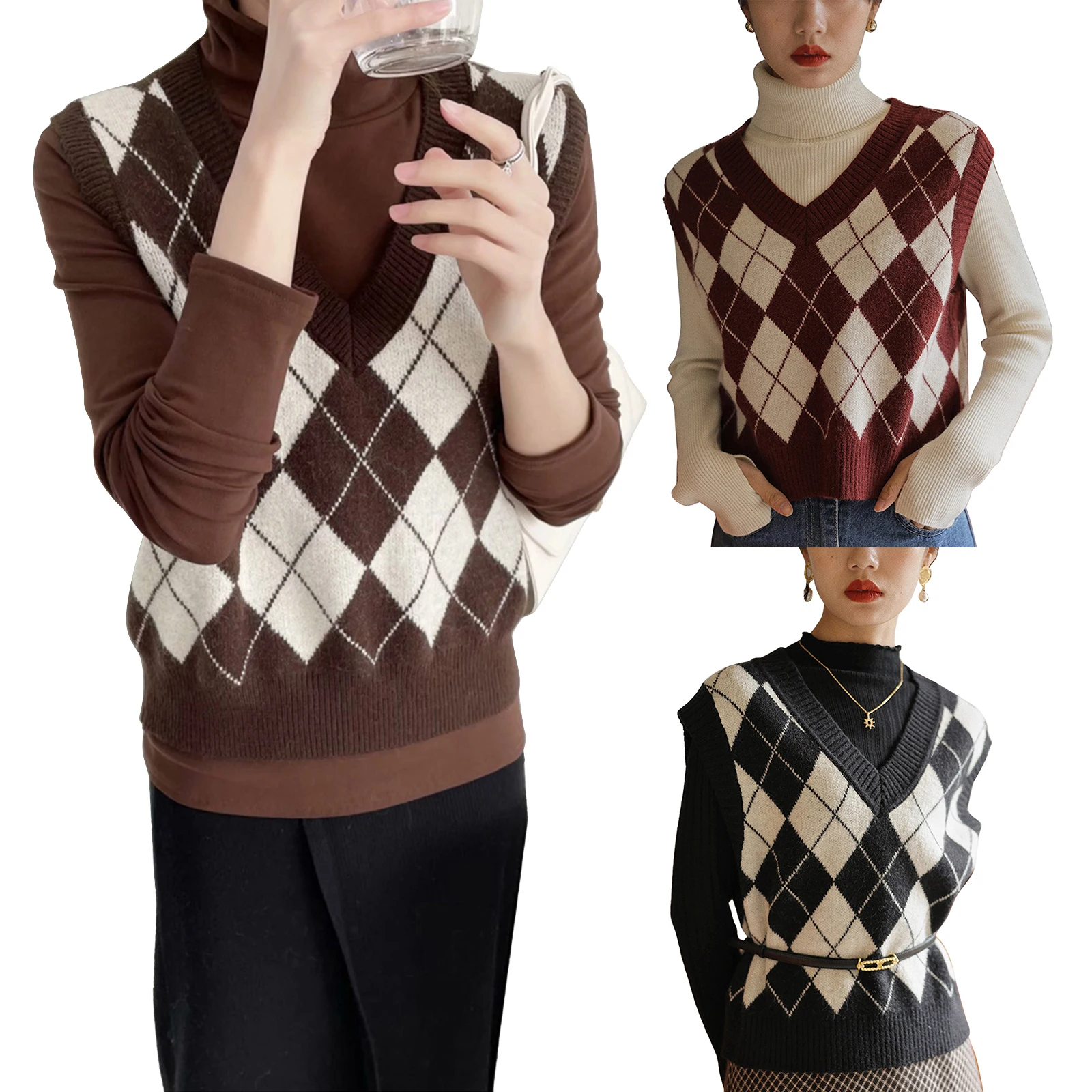 

Women Color Block Vest, Adults Sleeveless Argyle Pattern V-neck Knit Sweater (Black, Wine Red, Coffee)