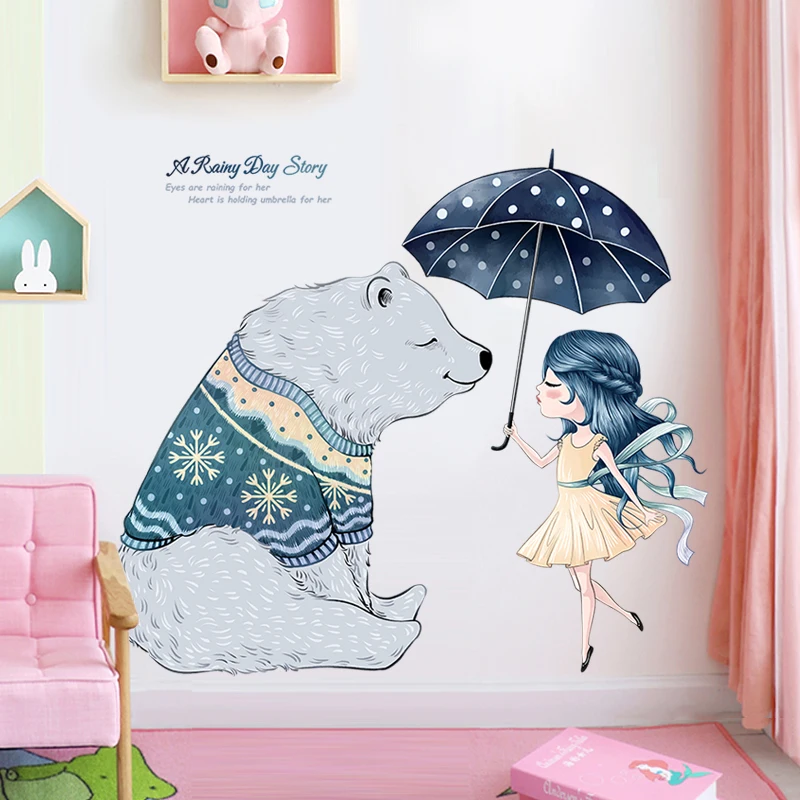 Настенные стикеры в спальню с изображением медведя и девушки обои креативная