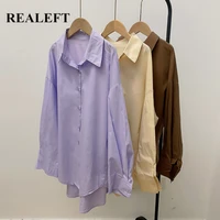 realeft 2021 new cotton oversized womens blouse white single breated long sleeve tops female casual loose blouse shirts lady