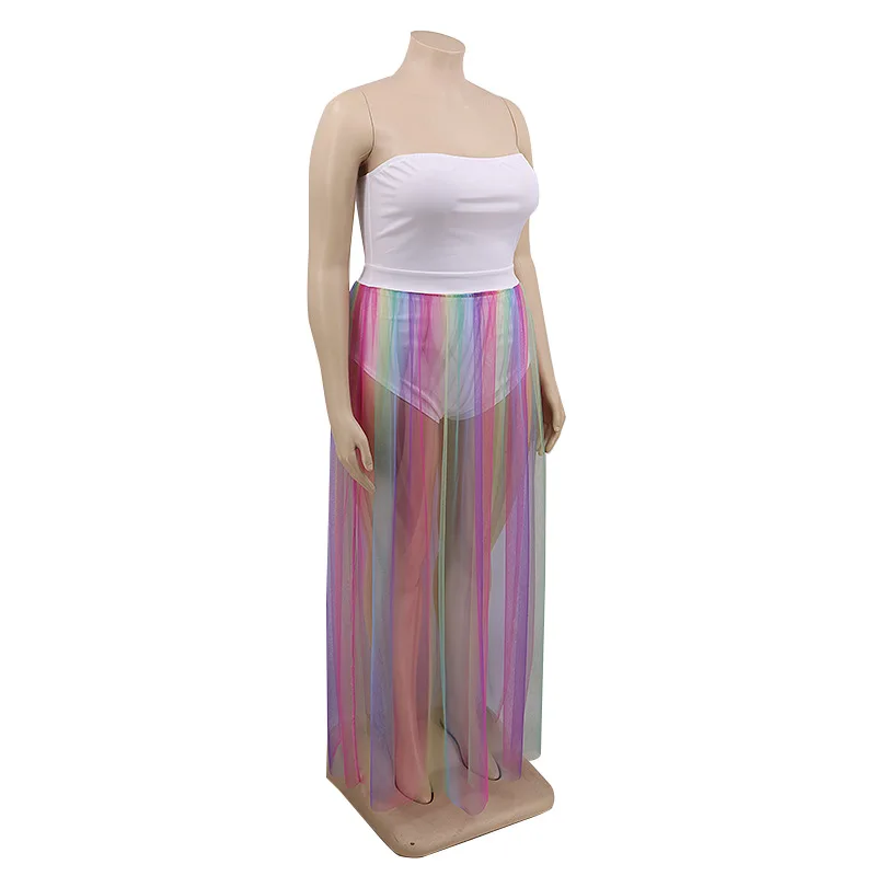 Adogirl Plus Size XL-5XL Women Two Piece Set Dress Strapless Bodysuit Sheer Mesh Rainbow Stripe Maxi Skirt Party Suit |