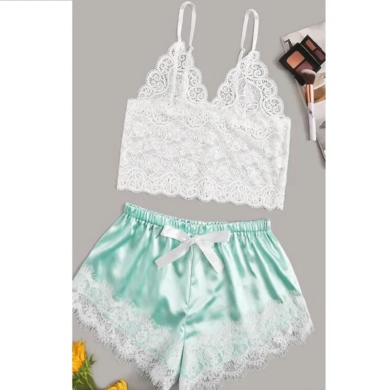 

Floral Lace Bralette With Satin Shorts Lingerie Women Summer Sexy Bra Underwear Pajama Set