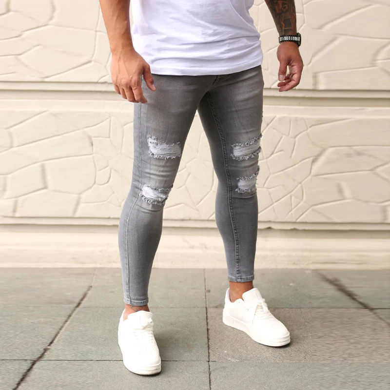 Men's  jeans Skinny Jeans Ripped Stretch Denim Pants Solid Grey Jogging pants MAN Elastic Waist Patchwork Jogging Denim Trousers