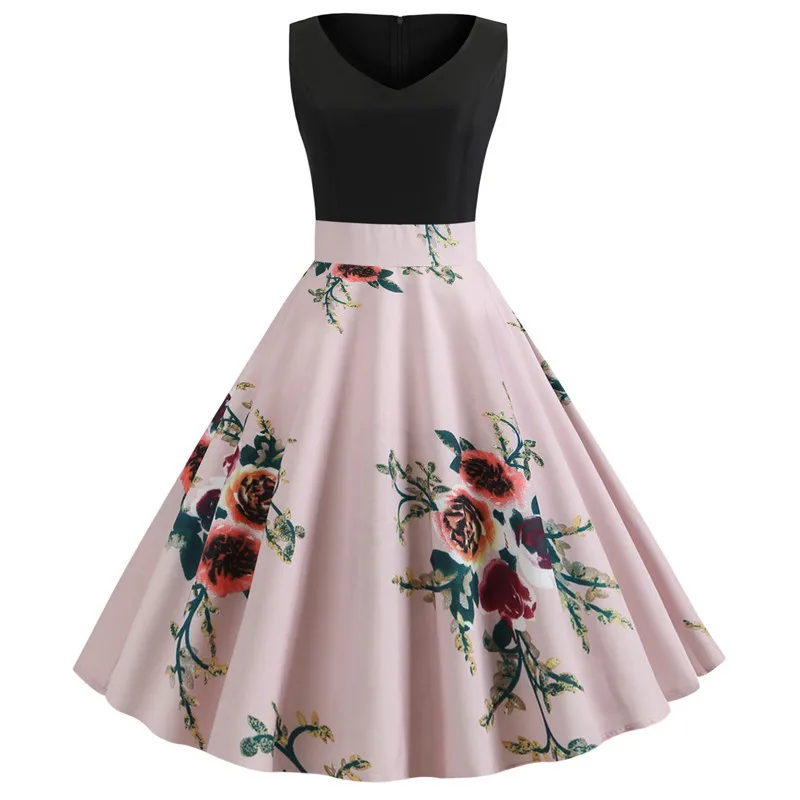 

Sexy V Neck Printed Sleeveless Women Dress Summer Casual Vintage Robe Plus Size Fashion Big Hem Slim Party Midi Dresses Vestidos