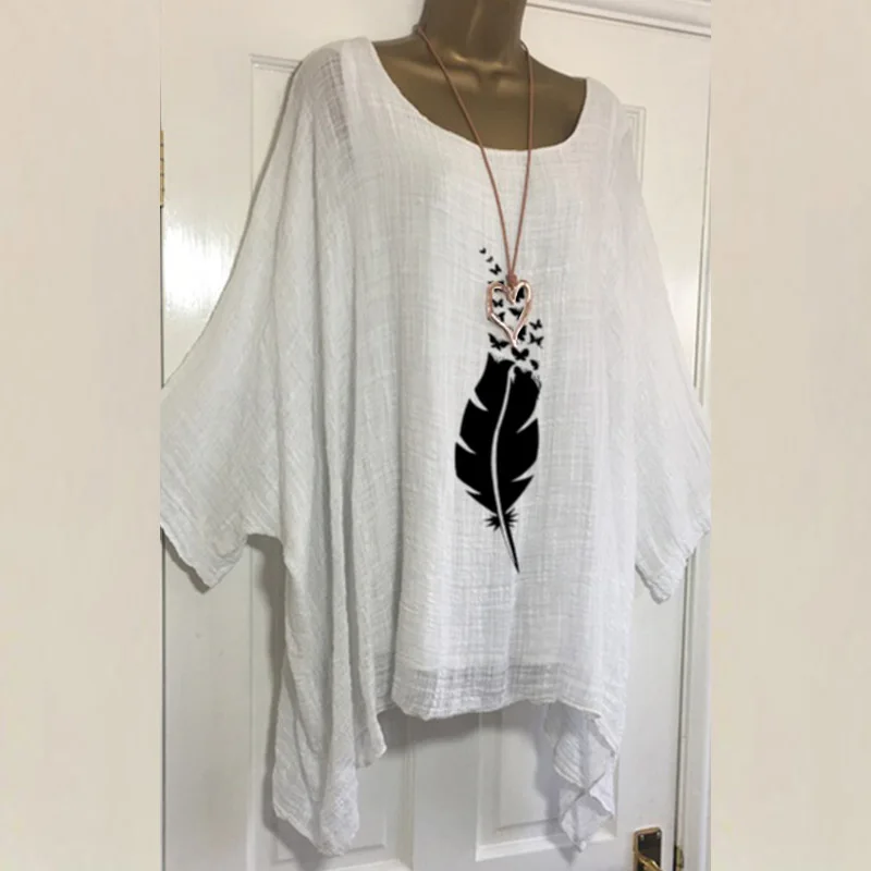 

2021 Retro Loose Cotton Linen Soft O Neck Tops Casual Feather Print Irregular Blouses Autumn Fashion Batwing Sleeve Shirts Blusa