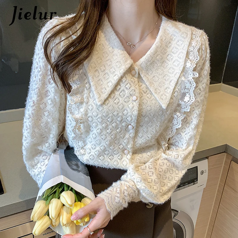 Jielur Весна Топы Блузки женские кружевные рубашки 2021 Мода S-XXL в стиле Питер Пэн