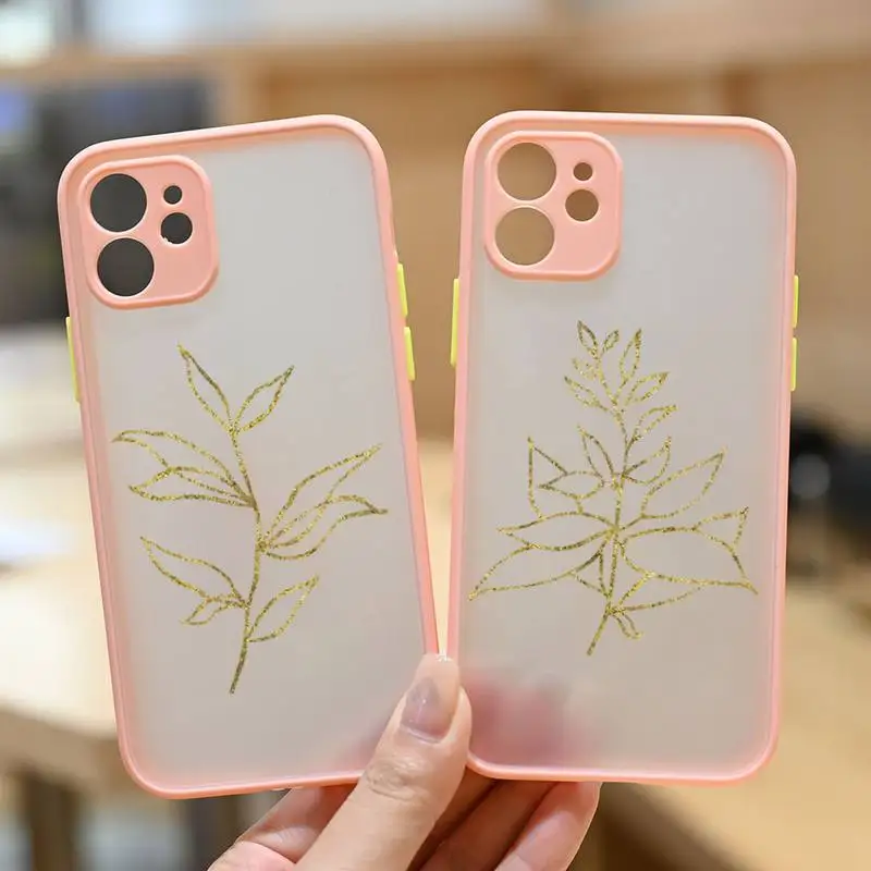

Gold leaves lines pattern Phone Case matte transparent For iphone 7 8 11 12 13 plus mini x xs xr pro max cover