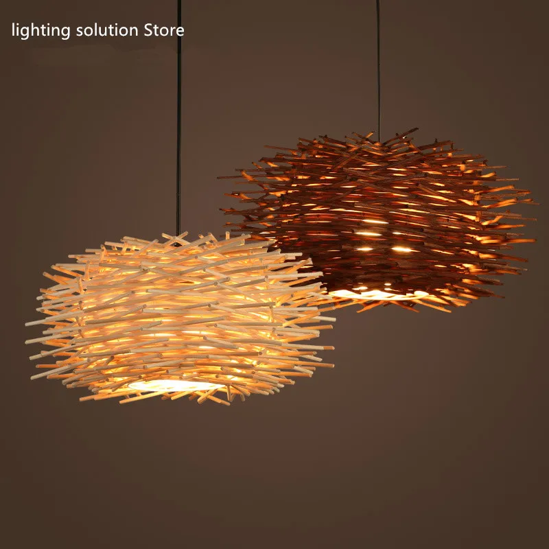 wicker pendant lamp handmade suspension light bird nest shape hanging lighting bar hotel restaurant mall lounge porch | Лампы и