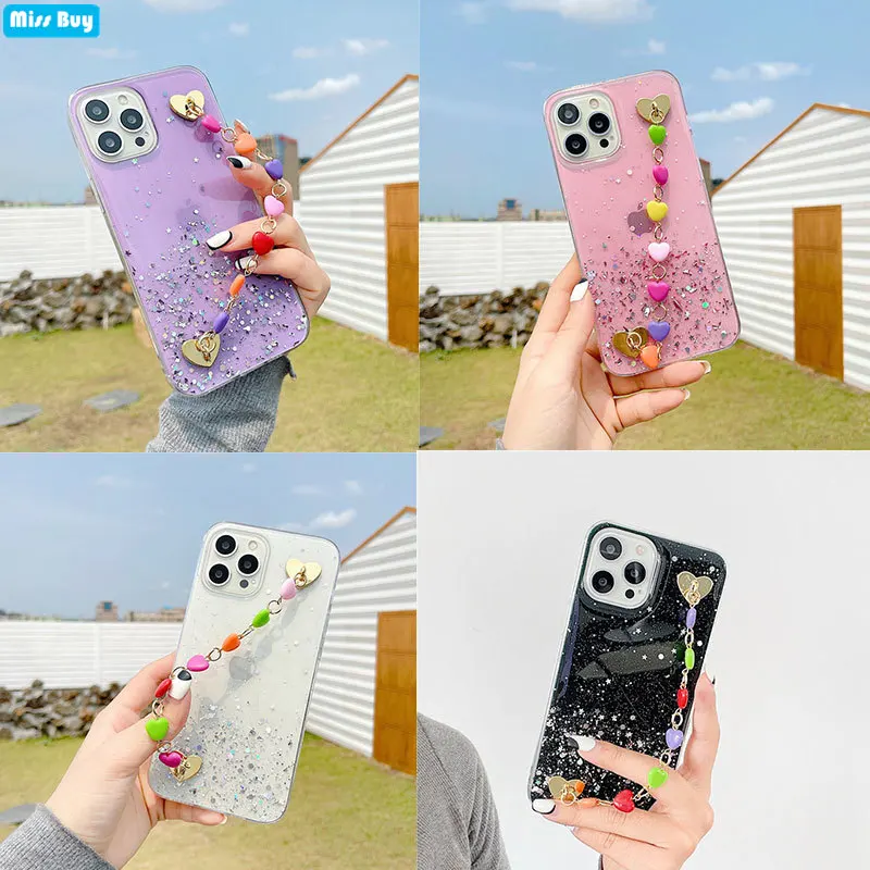 

Bling Glitter Love Heart Wristband Phone Back Cases For iPhone 11 12 13 Pro Max 13 12 Mini X XR XS MAX 8 7 6S 6 Plus Cover Coque