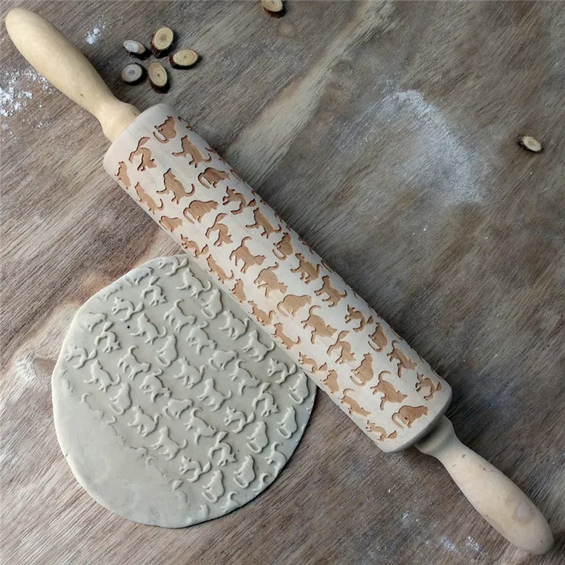 Christmas Party Cookies Baking Noodle Biscuit Cake Dough Rolling Tool Musical Note Cat Pattern Wooden Embossing Pin | Дом и сад