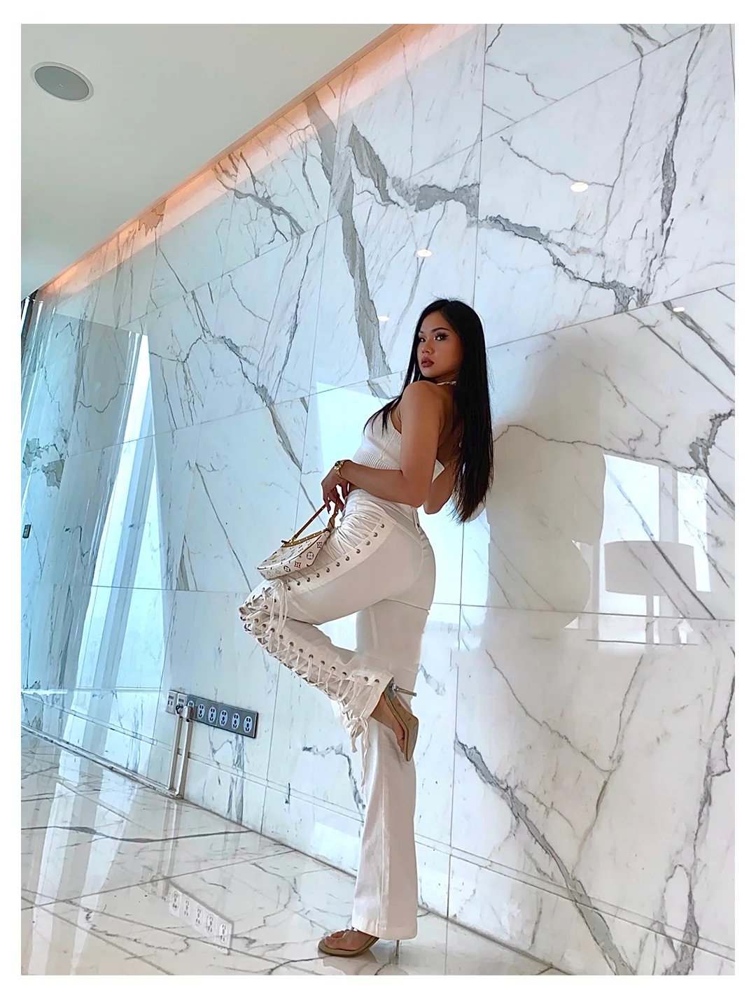 IAMGIA High Waist Slim Lace Pants Kylie Same Style European and American Hot Girl Pants Casual White Lace-up Straight Pants