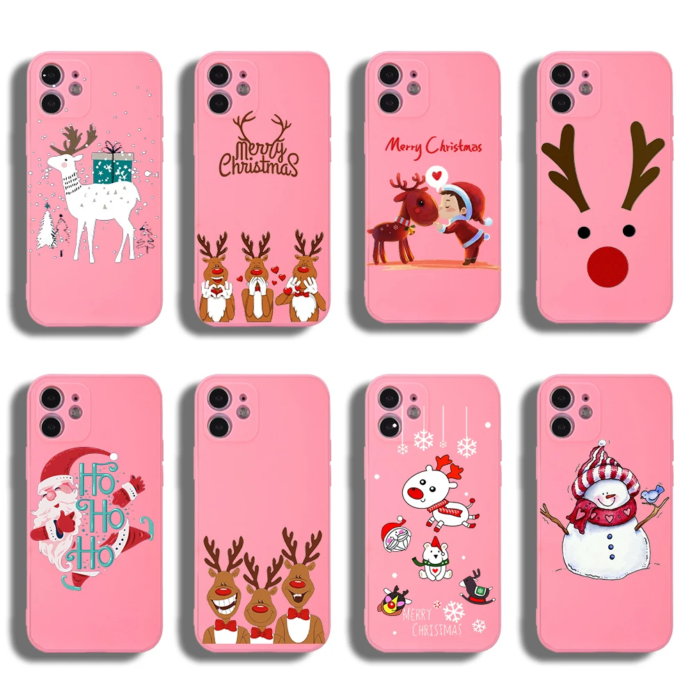 

PUNQZY Merry Christmas Soft TPU Phone Case For iPhone 11 13 12 PRO MAX XR XS 8 7 PLUS Santa Claus Christmas Tree Elk PINK Cover