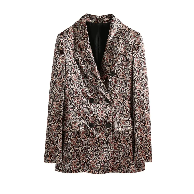 

Women Vintage Totem Flower Print Chic Business Blazer Office Ladies Double Breasted Casual Outwear Velvet Suit Tops